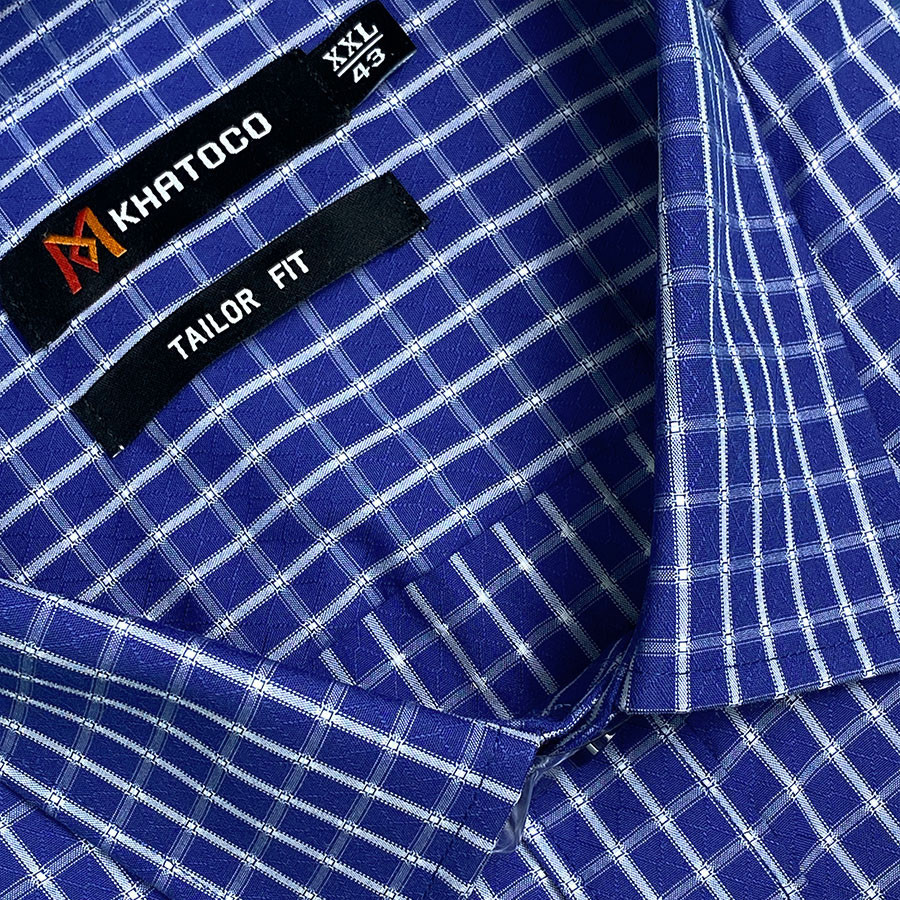 Sơ Mi Caro Tay Dài Màu Xanh Dương - Trắng, Form Tailor Fit Chống Nhăn, Lai Bầu - Áo sơmi Nam Khatoco