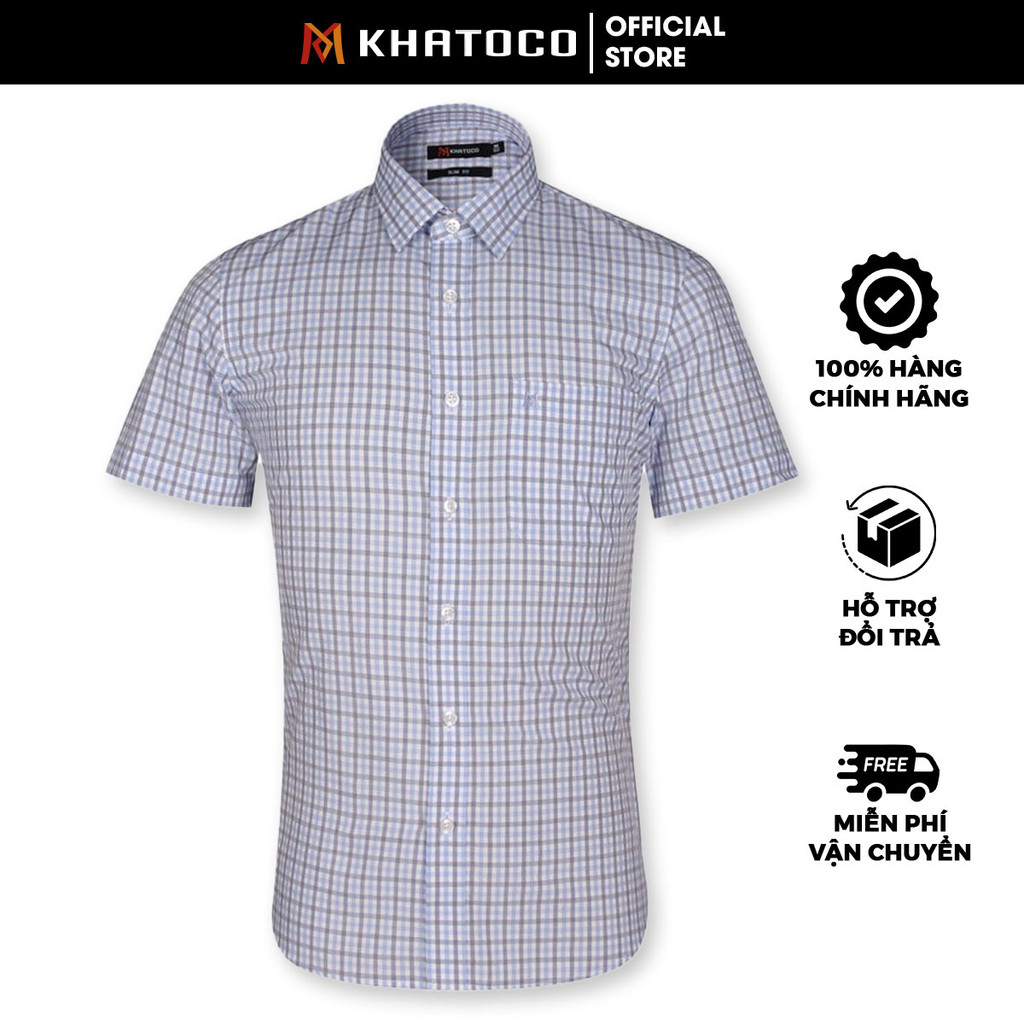 Sơ Mi Caro Tay Ngắn - Màu Xanh Dương - Trắng, Form Slim Fit Chống Nhăn, Lai Bầu - Áo Nam Khatoco