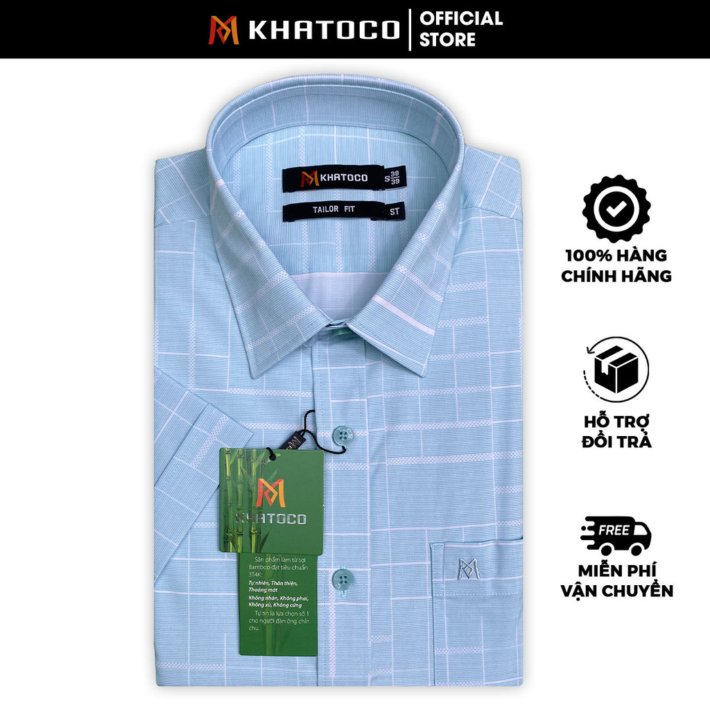 Sơ Mi Caro Tay Ngắn Màu Xanh - Trắng, Form Tailor Fit Chống Nhăn, Lai Ngang - Áo Nam Khatoco