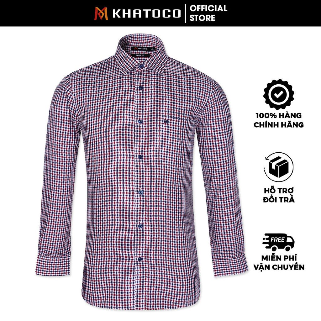 Sơ Mi Caro Tay Dài Màu Đỏ - Xanh Navy - Trắng, Form Tailor Fit Chống Nhăn, Lai Bầu - Áo Nam Khatoco