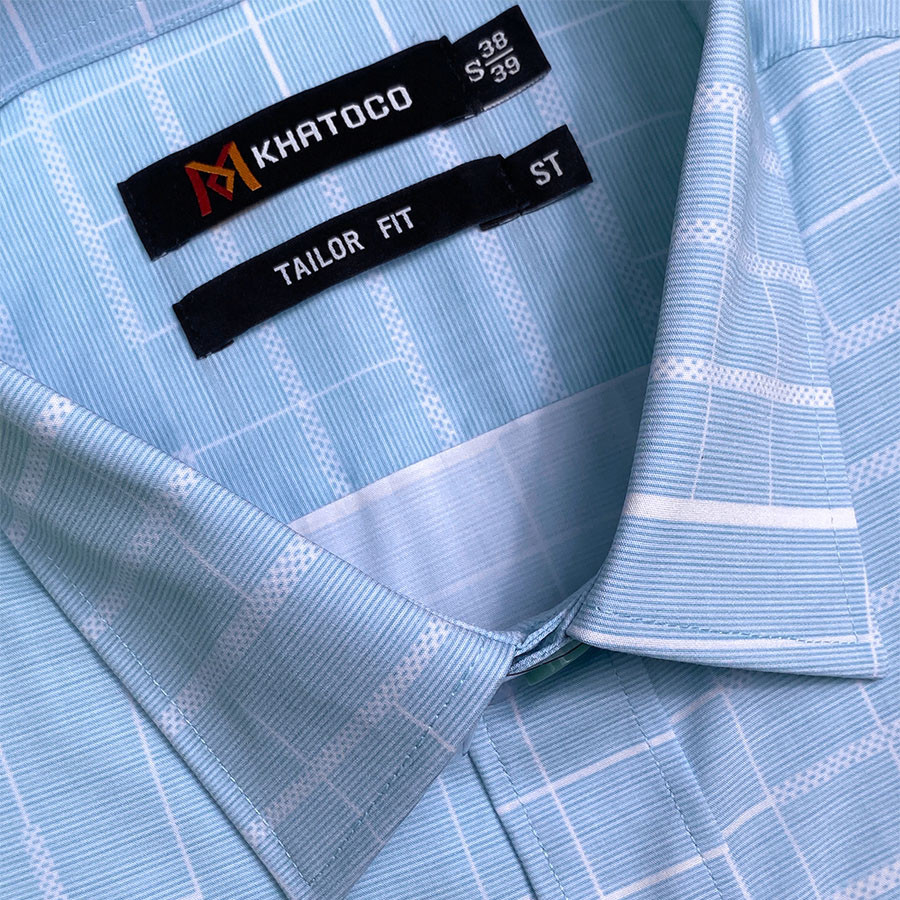 Sơ Mi Caro Tay Ngắn Màu Xanh - Trắng, Form Tailor Fit Chống Nhăn, Lai Ngang - Áo Nam Khatoco