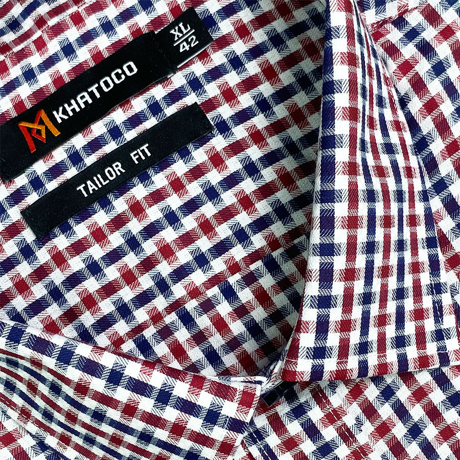 Sơ Mi Caro Tay Dài Màu Đỏ - Xanh Navy - Trắng, Form Tailor Fit Chống Nhăn, Lai Bầu - Áo Nam Khatoco