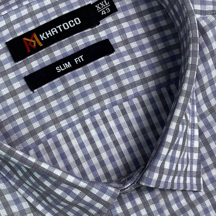 Sơ Mi Caro Tay Ngắn - Màu Xanh Dương - Trắng, Form Slim Fit Chống Nhăn, Lai Bầu - Áo Nam Khatoco
