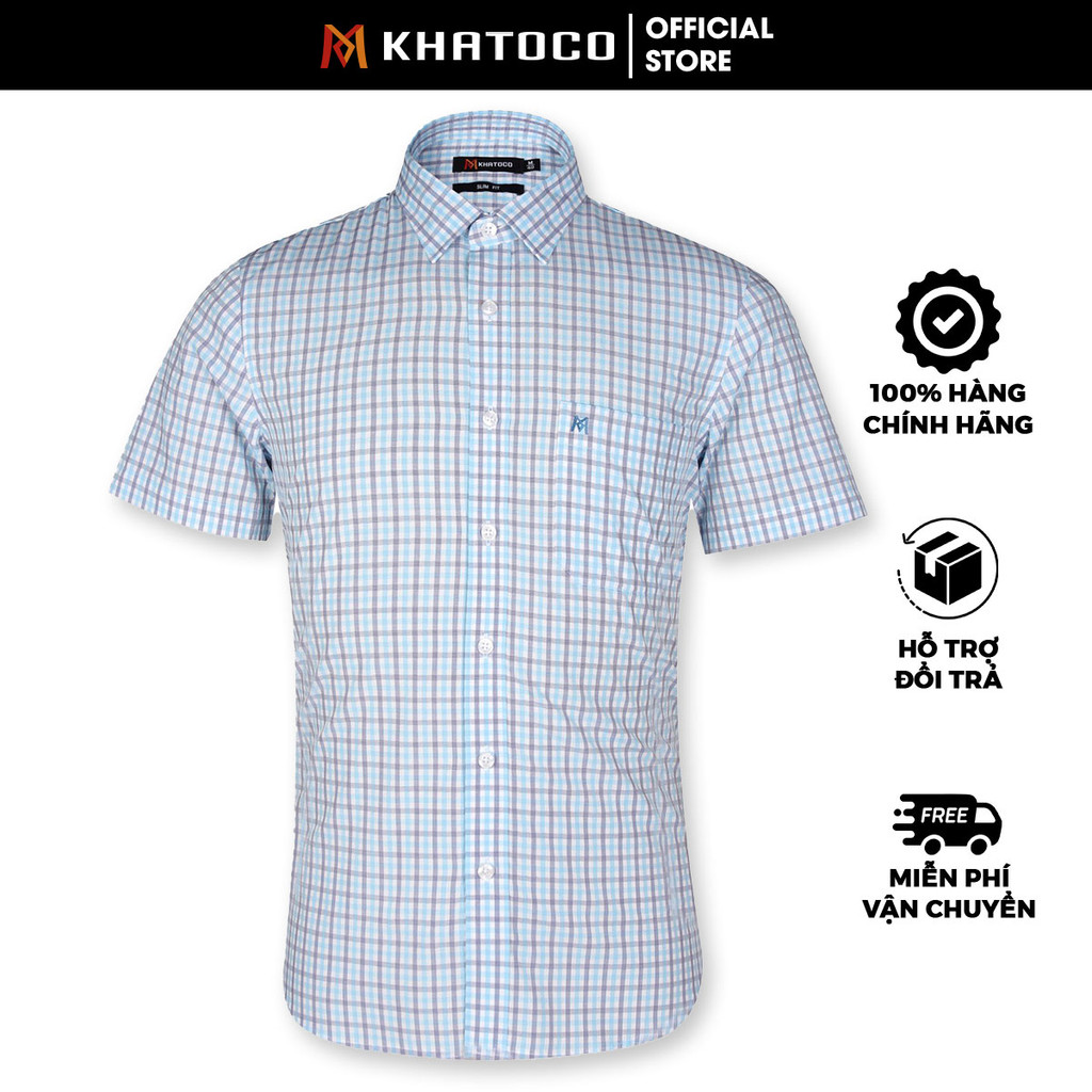 Sơ Mi Caro Tay Ngắn Màu Xanh - Trắng, Form Slim Fit Chống Nhăn, Lai Bầu - Áo Nam Khatoco
