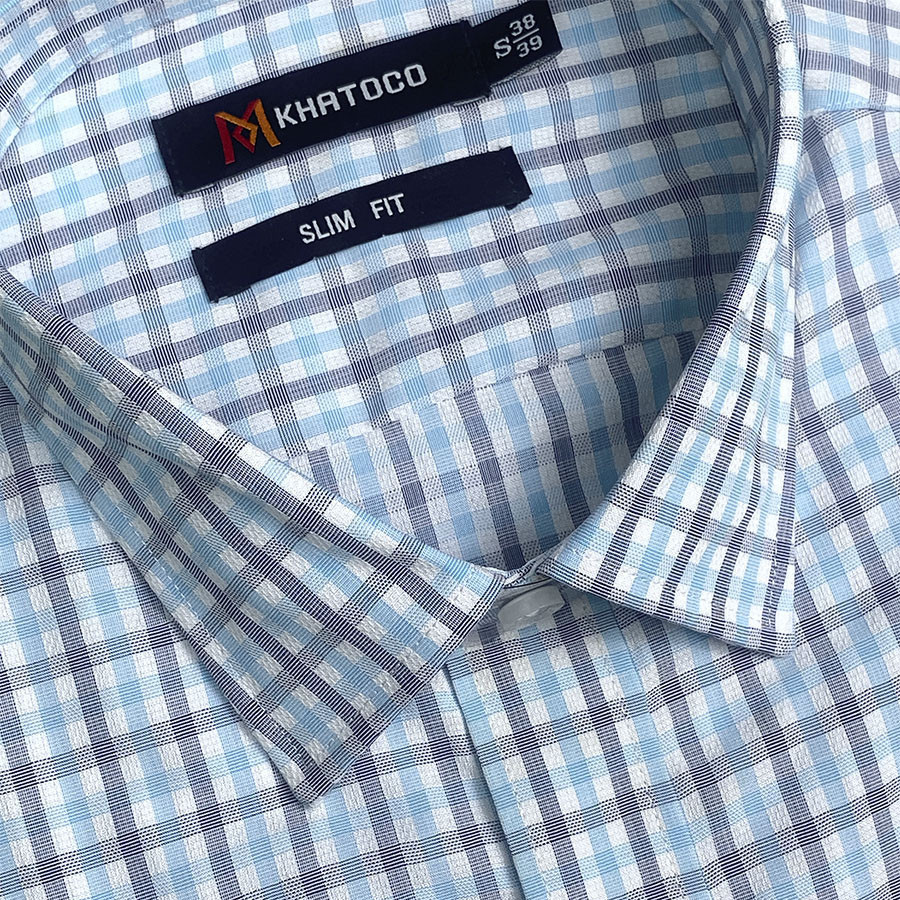 Sơ Mi Caro Tay Ngắn Màu Xanh - Trắng, Form Slim Fit Chống Nhăn, Lai Bầu - Áo Nam Khatoco