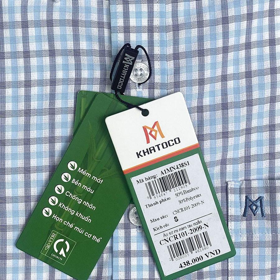 Sơ Mi Caro Tay Ngắn Màu Xanh - Trắng, Form Slim Fit Chống Nhăn, Lai Bầu - Áo Nam Khatoco