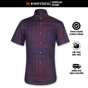 Sơ Mi Sọc Ngang Tay Ngắn Xanh Navy - Đỏ Tía, Form Tailor Fit Chống Nhăn, Lai Bầu - Áo Nam Khatoco