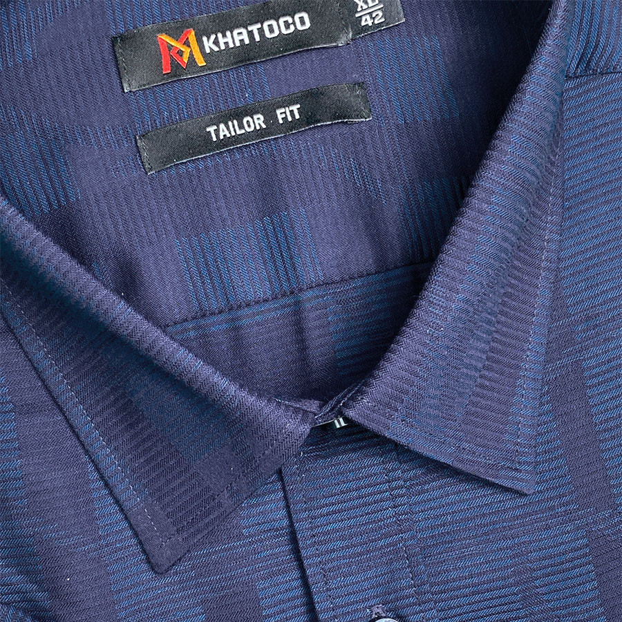 Sơ Mi Sọc Ngang Tay Ngắn Màu Xanh Navy - Xanh, Form Tailor Fit Chống Nhăn, Lai Bầu - Áo Nam Khatoco