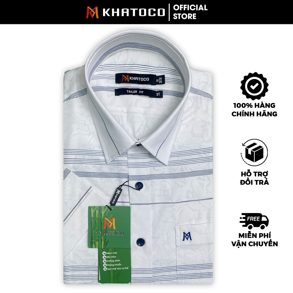 Sơ Mi Sọc Ngang Tay Ngắn Trắng- Xanh Navy, Form Tailor Fit Chống Nhăn, Lai Ngang - Áo Nam Khatoco