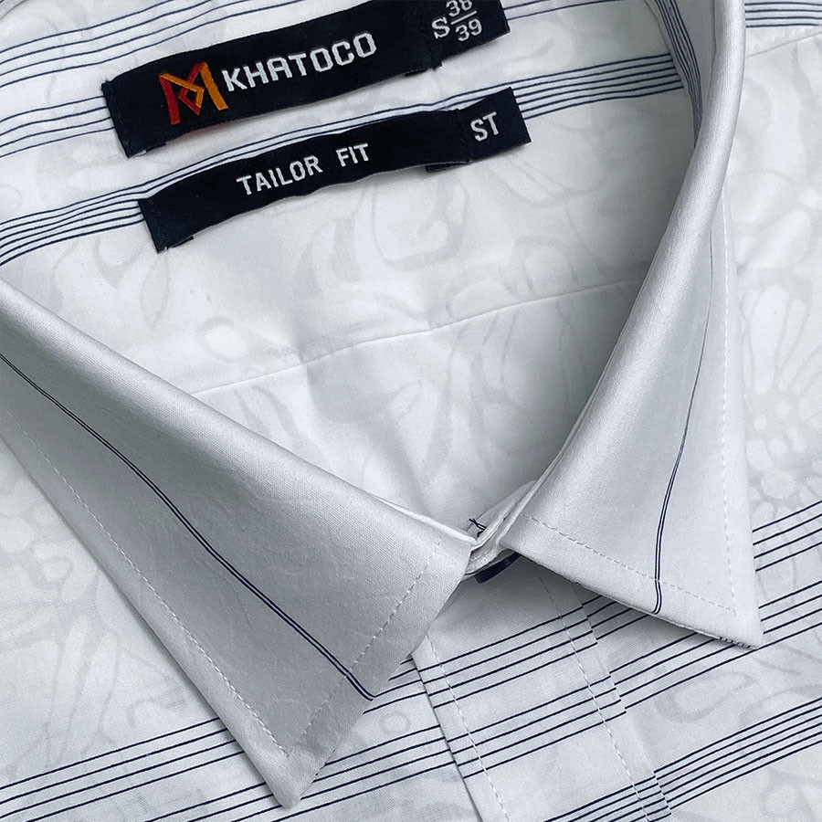 Sơ Mi Sọc Ngang Tay Ngắn Trắng- Xanh Navy, Form Tailor Fit Chống Nhăn, Lai Ngang - Áo Nam Khatoco