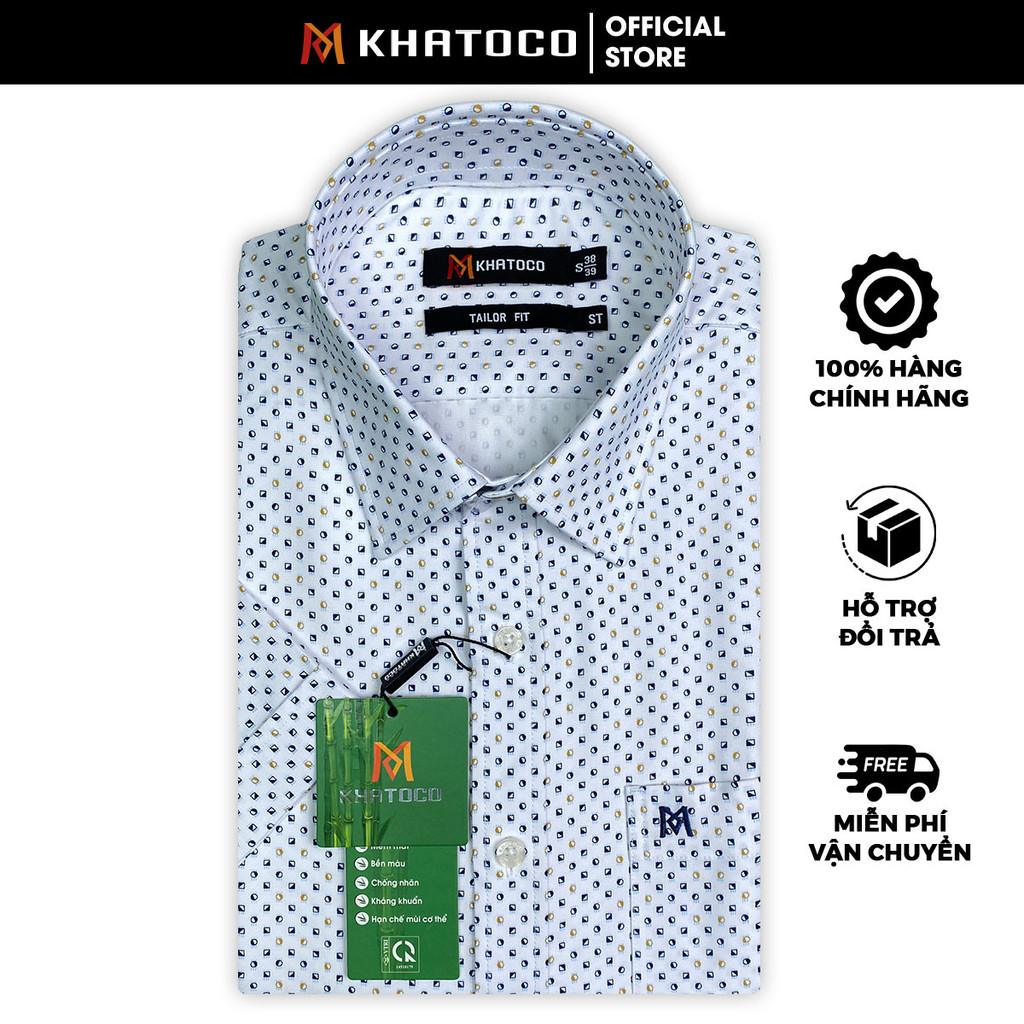 Sơ Mi Họa Tiết, Tay Ngắn Trắng - Xanh Navy, Form Tailor Fit Chống Nhăn, Lai Ngang - Áo Nam Khatoco