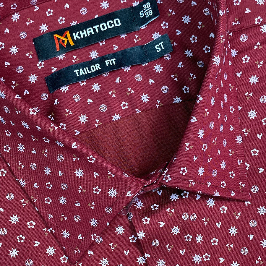 Sơ Mi Họa Tiết Tay Ngắn Màu Đỏ Đô, Form Tailor Fit Chống Nhăn, Lai Ngang - Áo Nam Khatoco