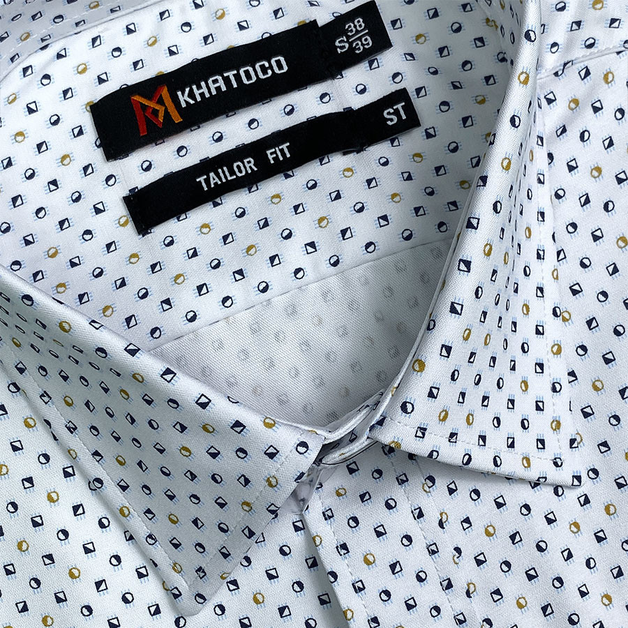 Sơ Mi Họa Tiết, Tay Ngắn Trắng - Xanh Navy, Form Tailor Fit Chống Nhăn, Lai Ngang - Áo Nam Khatoco