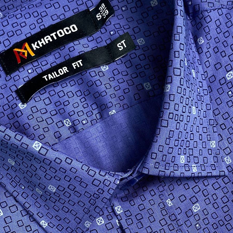 Sơ Mi Họa Tiết Tay Ngắn Màu Xanh Navy, Form Tailor Fit Chống Nhăn, Lai Ngang - Áo Nam Khatoco