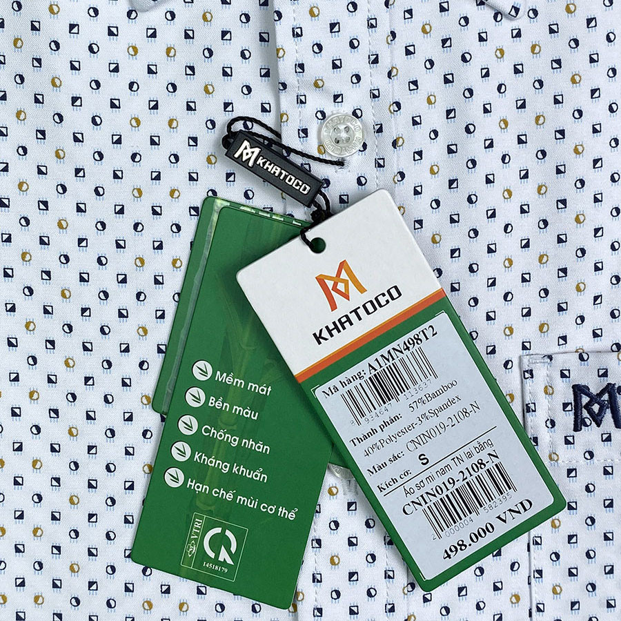 Sơ Mi Họa Tiết, Tay Ngắn Trắng - Xanh Navy, Form Tailor Fit Chống Nhăn, Lai Ngang - Áo Nam Khatoco