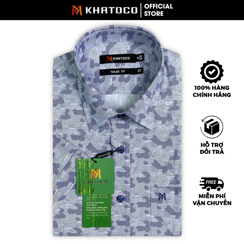 Sơ Mi Hoa Văn Tay Ngắn Xanh Navy - Trắng, Form Tailor Fit Chống Nhăn, Lai Ngang - Áo Nam Khatoco