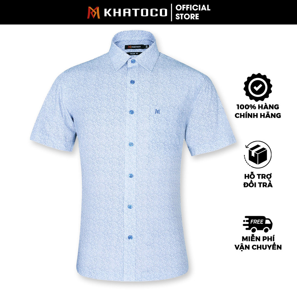 Sơ Mi Hoa Văn, Tay Ngắn Trắng - Xanh Navy, Form Tailor Fit Chống Nhăn, Lai Ngang - Áo Nam Khatoco