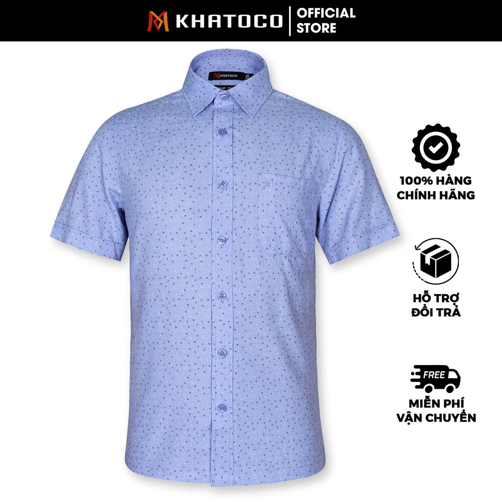 Sơ Mi Họa Tiết Tay Ngắn Màu Xanh Dương, Form Tailor Fit Chống Nhăn, Lai Ngang - Áo Nam Khatoco