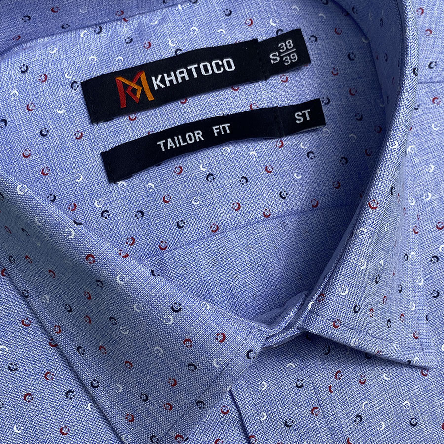 Sơ Mi Họa Tiết Tay Ngắn Màu Xanh Dương, Form Tailor Fit Chống Nhăn, Lai Ngang - Áo Nam Khatoco