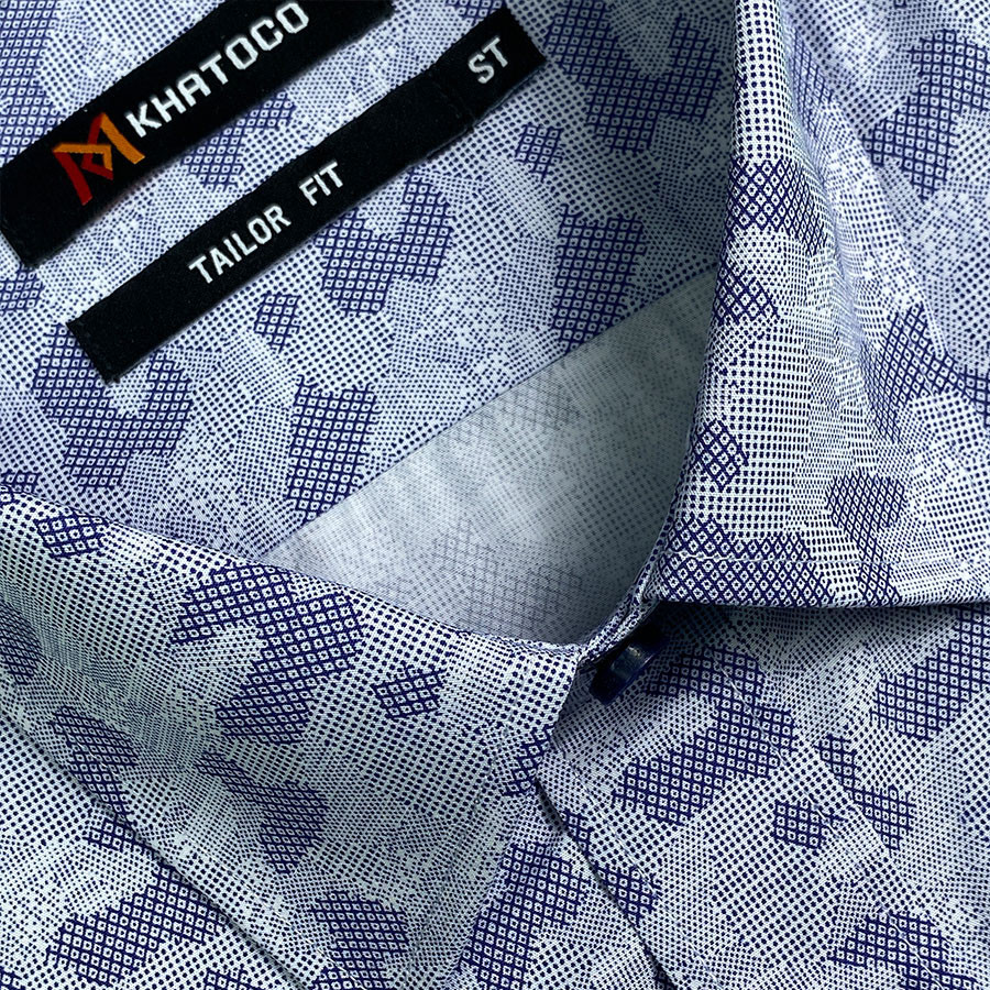Sơ Mi Hoa Văn Tay Ngắn Xanh Navy - Trắng, Form Tailor Fit Chống Nhăn, Lai Ngang - Áo Nam Khatoco