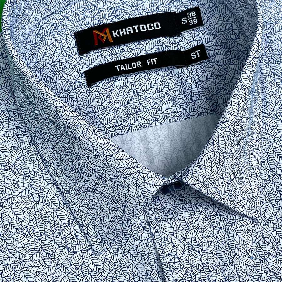 Sơ Mi Hoa Văn, Tay Ngắn Trắng - Xanh Navy, Form Tailor Fit Chống Nhăn, Lai Ngang - Áo Nam Khatoco