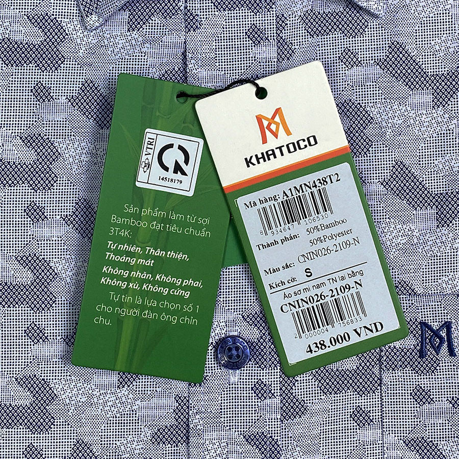 Sơ Mi Hoa Văn Tay Ngắn Xanh Navy - Trắng, Form Tailor Fit Chống Nhăn, Lai Ngang - Áo Nam Khatoco