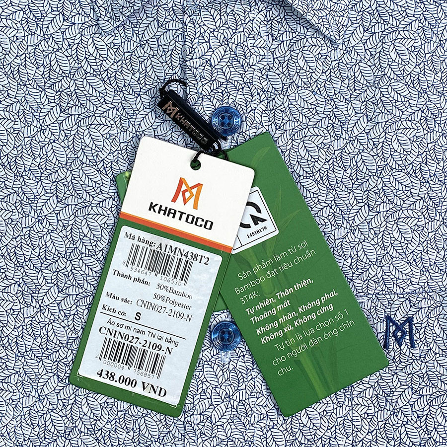 Sơ Mi Hoa Văn, Tay Ngắn Trắng - Xanh Navy, Form Tailor Fit Chống Nhăn, Lai Ngang - Áo Nam Khatoco