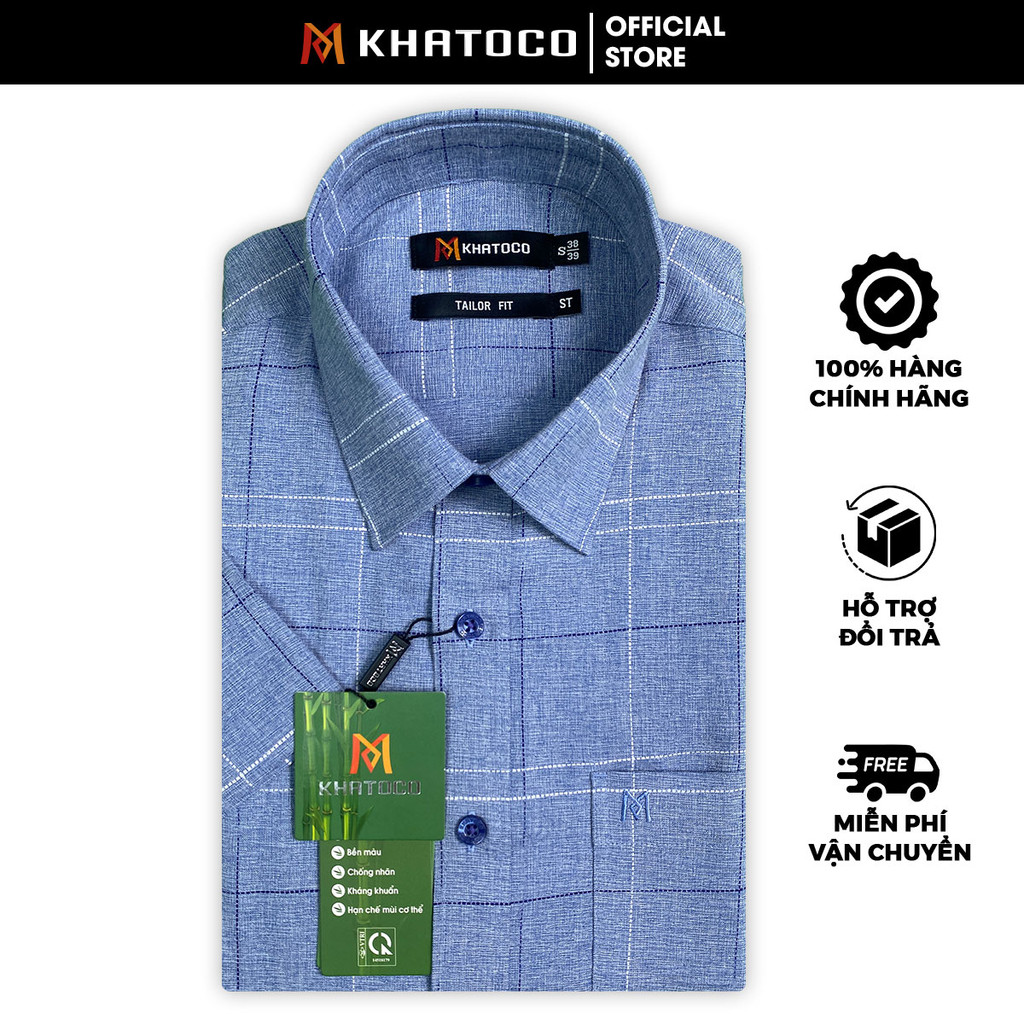 Sơ Mi Caro Tay Ngắn Màu Xanh Dương - Navy, Form Tailor Fit, Chống Nhăn, Lai Ngang, Áo Nam Khatoco