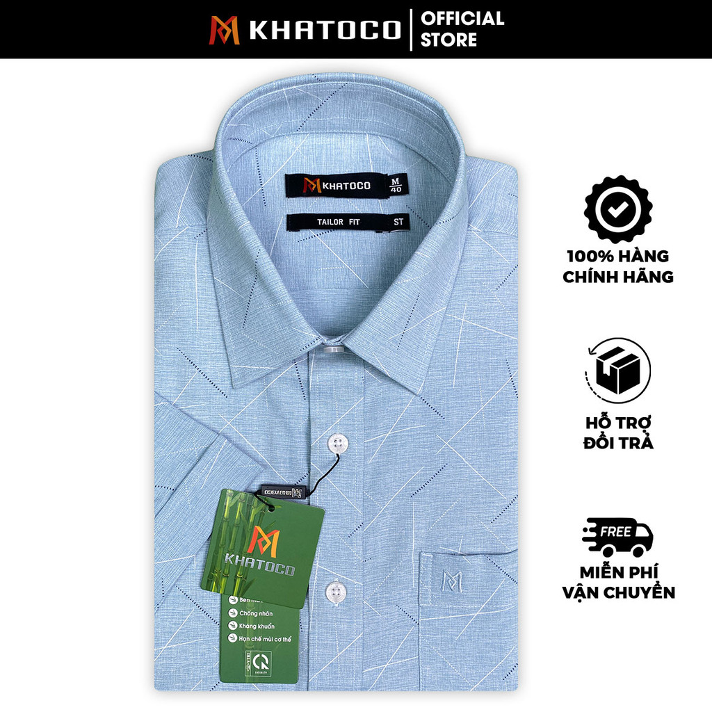 Sơ Mi Hoa Văn Tay Ngắn Màu Xanh, Form Tailor Fit Chống Nhăn, Lai Ngang - Áo Nam Khatoco
