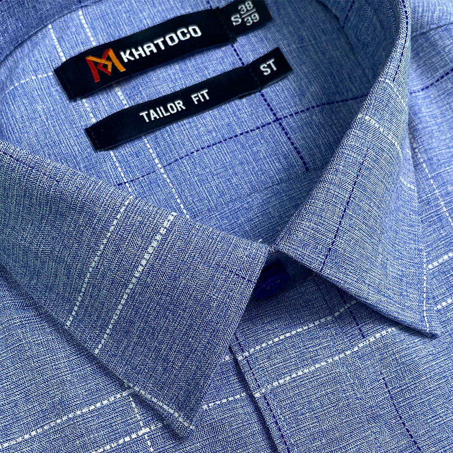 Sơ Mi Caro Tay Ngắn Màu Xanh Dương - Navy, Form Tailor Fit, Chống Nhăn, Lai Ngang, Áo Nam Khatoco