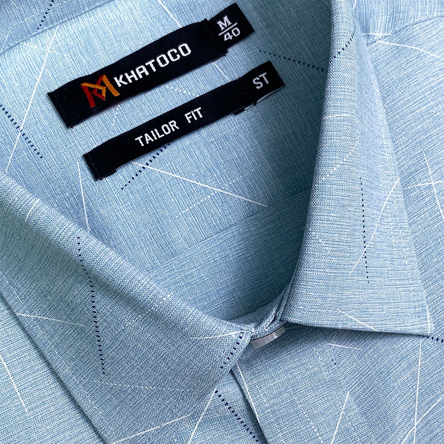 Sơ Mi Hoa Văn Tay Ngắn Màu Xanh, Form Tailor Fit Chống Nhăn, Lai Ngang - Áo Nam Khatoco