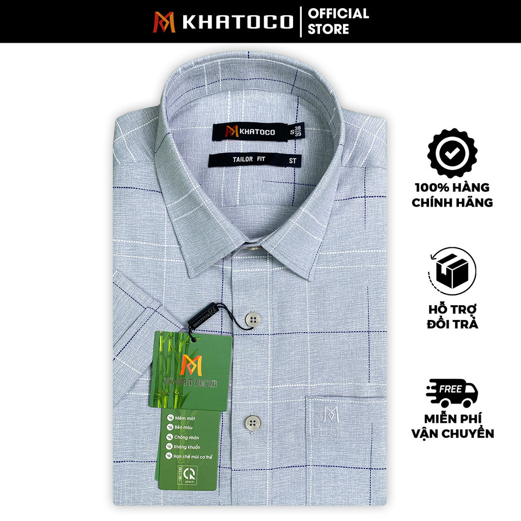 Sơ Mi Caro Tay Ngắn Màu Xám - Trắng, Form Tailor Fit, Chống Nhăn, Lai Ngang - Áo Nam Khatoco