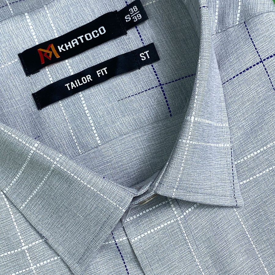 Sơ Mi Caro Tay Ngắn Màu Xám - Trắng, Form Tailor Fit, Chống Nhăn, Lai Ngang - Áo Nam Khatoco