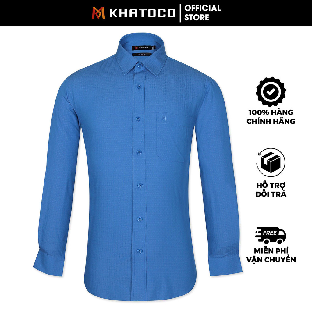 Sơ Mi Họa Tiết Tay Dài Màu Xanh, Form Tailor Fit Chống Nhăn, Lai Bầu - Áo Nam Khatoco