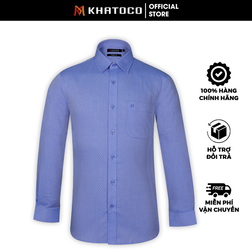 Sơ Mi Họa Tiết Tay Dài Màu Xanh Dương - Trắng, Form Tailor Fit Chống Nhăn, Lai Bầu - Áo Nam Khatoco