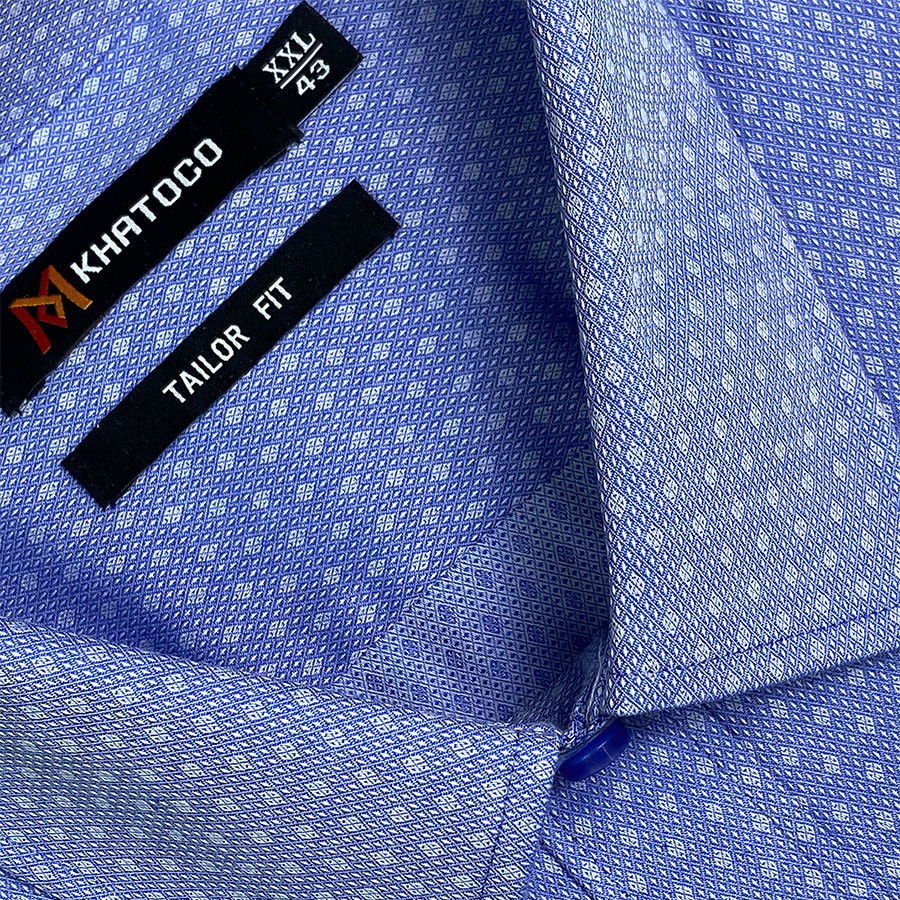 Sơ Mi Họa Tiết Tay Dài Màu Xanh Dương - Trắng, Form Tailor Fit Chống Nhăn, Lai Bầu - Áo Nam Khatoco