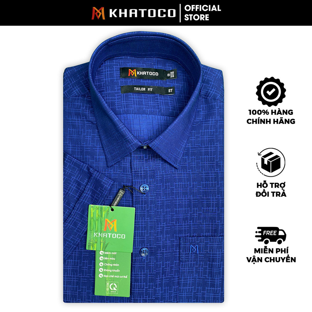 Sơ Mi  Tay Ngắn Màu Xanh Navy, Form Tailor Fit Chống Nhăn, Lai Ngang - Áo Nam Khatoco, quà tặng nam