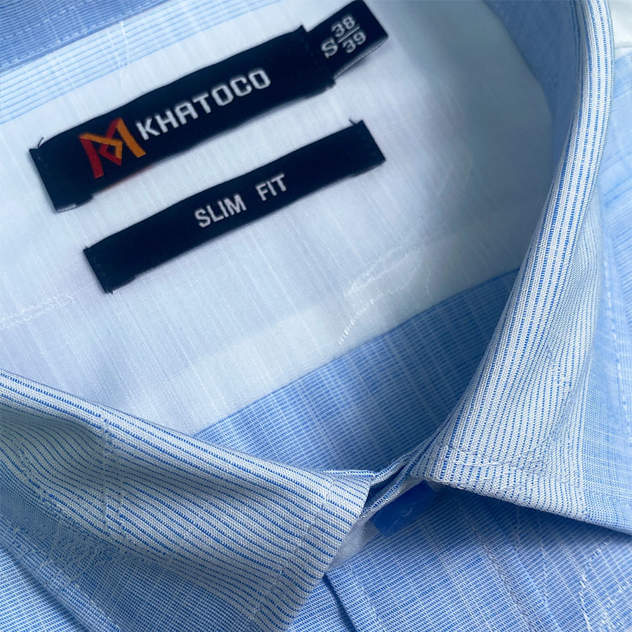 Sơ Mi Sọc Ngang Tay Ngắn Màu Xanh Dương - Trắng, Form Slim Fit Chống Nhăn, Lai Bầu - Áo Nam Khatoco