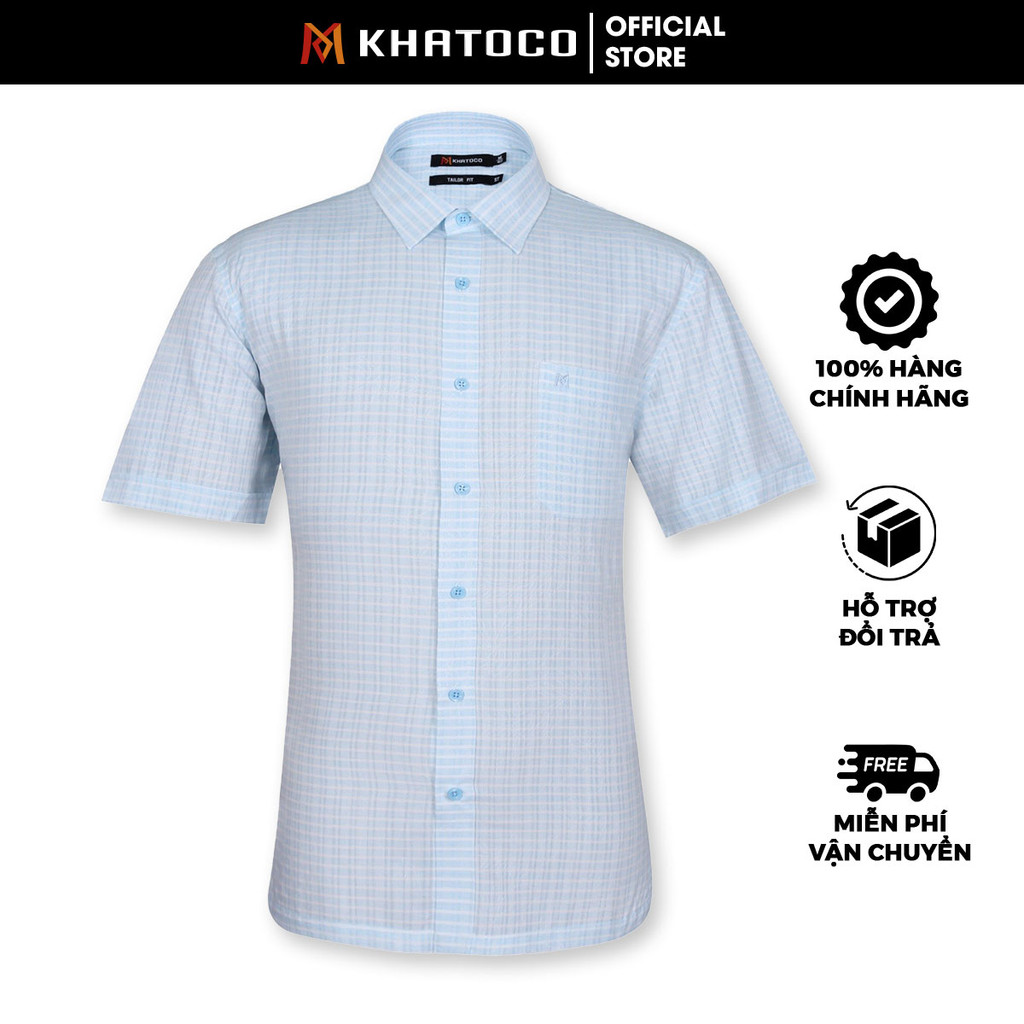 Sơ Mi Caro Tay Ngắn Màu Xanh - Trắng, Form Tailor Fit, Chống Nhăn, Lai Ngang - Áo Nam Khatoco