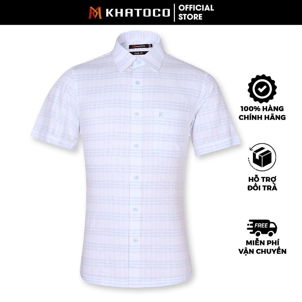 Sơ Mi Sọc Ngang Tay Ngắn Trắng - Xanh Lam, Form Tailor Fit Chống Nhăn, Lai Ngang - Áo Nam Khatoco