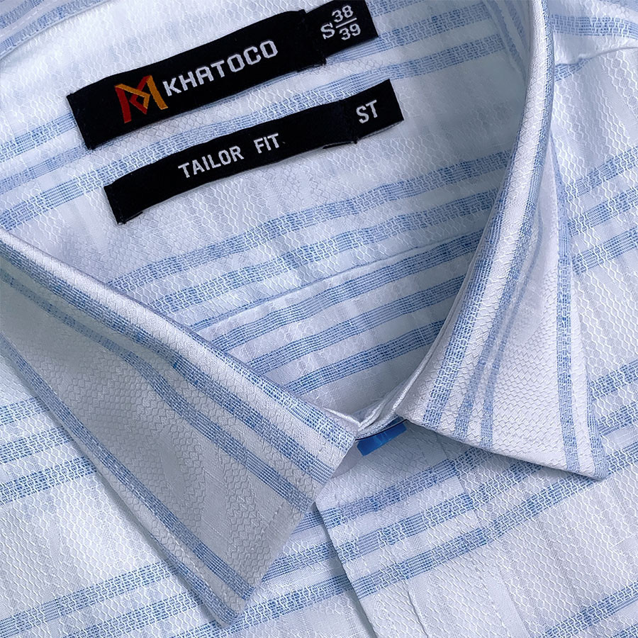 Sơ Mi Sọc Ngang Tay Ngắn Trắng - Xanh Lam, Form Tailor Fit Chống Nhăn, Lai Ngang - Áo Nam Khatoco
