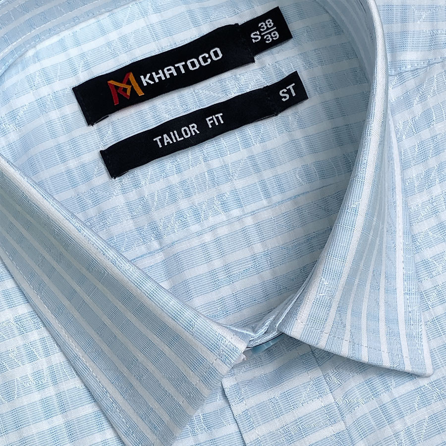 Sơ Mi Caro Tay Ngắn Màu Xanh - Trắng, Form Tailor Fit, Chống Nhăn, Lai Ngang - Áo Nam Khatoco