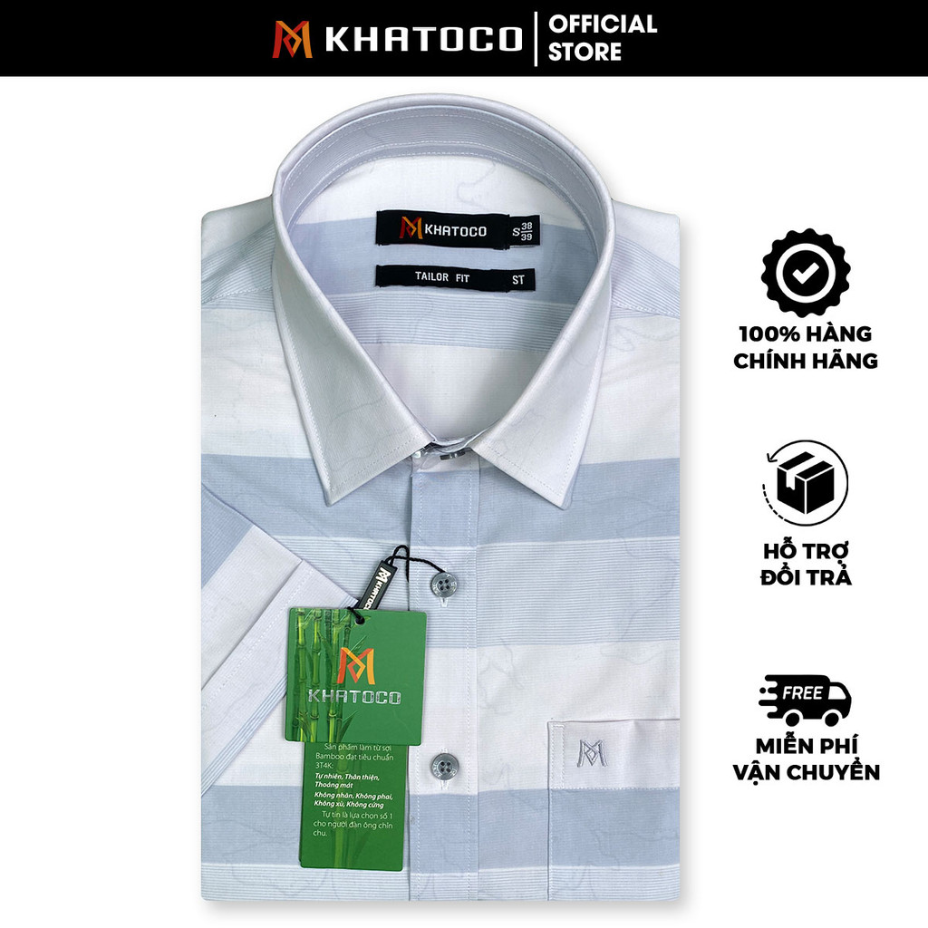 Sơ Mi Sọc Ngang Tay Ngắn Màu Trắng - Xám, Form Tailor Fit Chống Nhăn, Lai Ngang - Áo Nam Khatoco