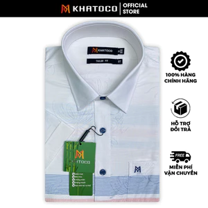 Sơ Mi Hoa Văn - Tay Ngắn Trắng - Xanh Navy, Form Tailor Fit Chống Nhăn, Lai Ngang - Áo Nam Khatoco