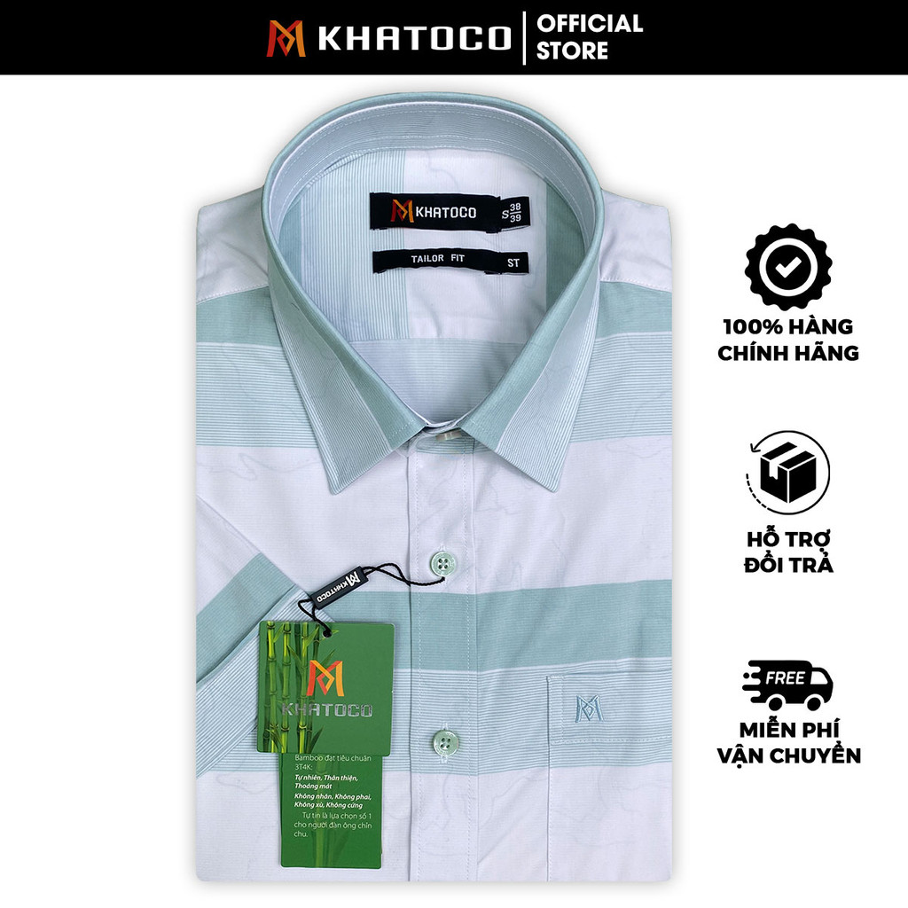Sơ Mi Sọc Ngang Tay Ngắn Màu Trắng - Xanh, Form Tailor Fit Chống Nhăn, Lai Ngang - Áo Nam Khatoco