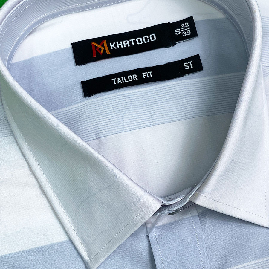Sơ Mi Sọc Ngang Tay Ngắn Màu Trắng - Xám, Form Tailor Fit Chống Nhăn, Lai Ngang - Áo Nam Khatoco