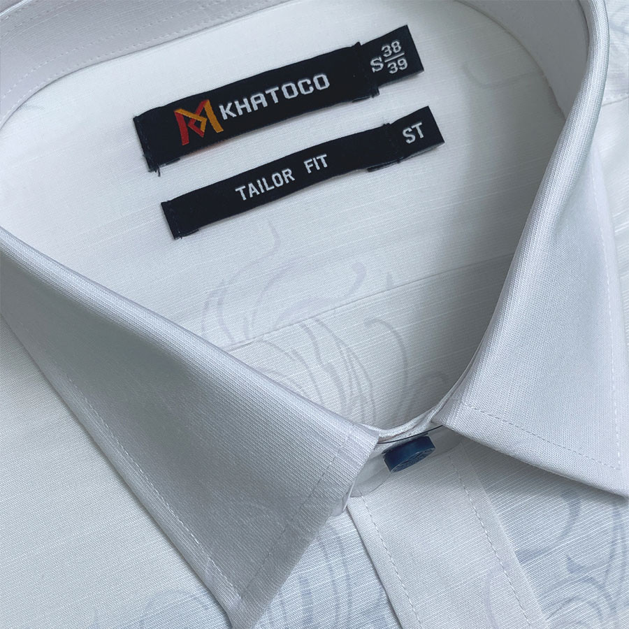 Sơ Mi Hoa Văn - Tay Ngắn Trắng - Xanh Navy, Form Tailor Fit Chống Nhăn, Lai Ngang - Áo Nam Khatoco