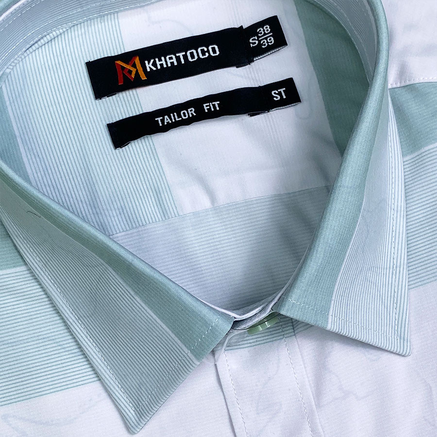 Sơ Mi Sọc Ngang Tay Ngắn Màu Trắng - Xanh, Form Tailor Fit Chống Nhăn, Lai Ngang - Áo Nam Khatoco