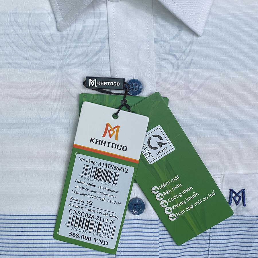 Sơ Mi Hoa Văn - Tay Ngắn Trắng - Xanh Navy, Form Tailor Fit Chống Nhăn, Lai Ngang - Áo Nam Khatoco