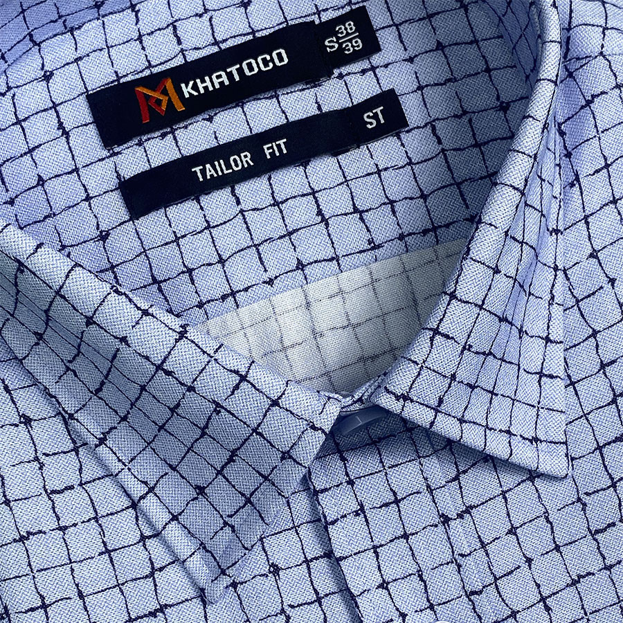 Sơ Mi Caro Tay Ngắn Màu Xanh Dương - Tím, Form Tailor Fit Chống Nhăn, Lai Ngang - Áo Nam Khatoco